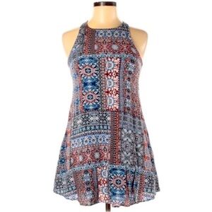 Lulus size XS blue & orange BOHO print sleeveless lined soft Rayon mini dress